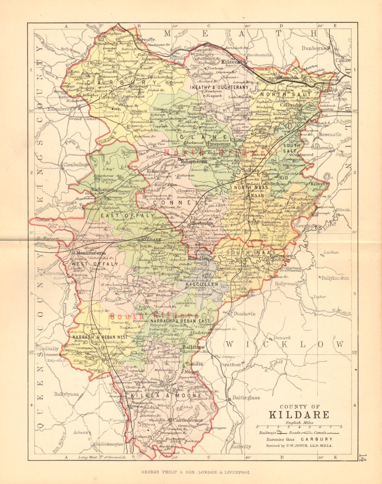 COUNTY KILDARE. Antique county map. Leinster. Ireland. BARTHOLOMEW 1886